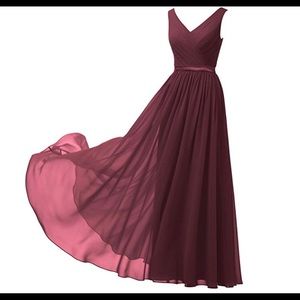 Burgundy chiffon v neck bridesmaid or prom dress